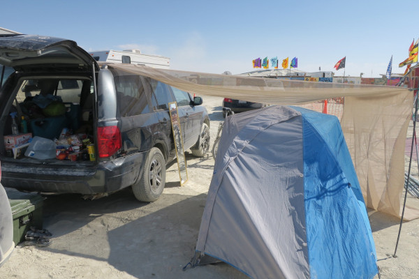 our hot and dusty tent set-up